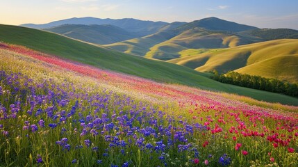 Obraz premium Rolling hills covered in wildflowers during springtime, colorful and scenic view