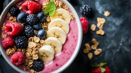 A close-up of a smoothie bowl topped with granola, sliced bananas, and fresh berries, emphasizing its colorful and healthy toppings.