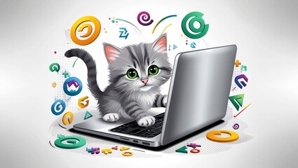 a cute gray kitten playing with laptop
