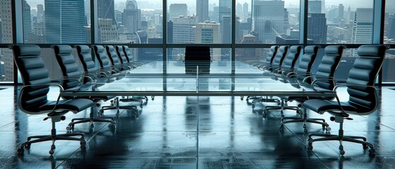 A modern, sleek conference room with a panoramic city view. Elegant chairs and a glass table complete the professional setting.