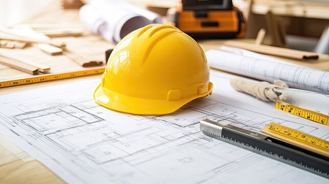 Construction workspace featuring a bright yellow hard hat, detailed blueprints, and drafting tools like a ruler and protractor