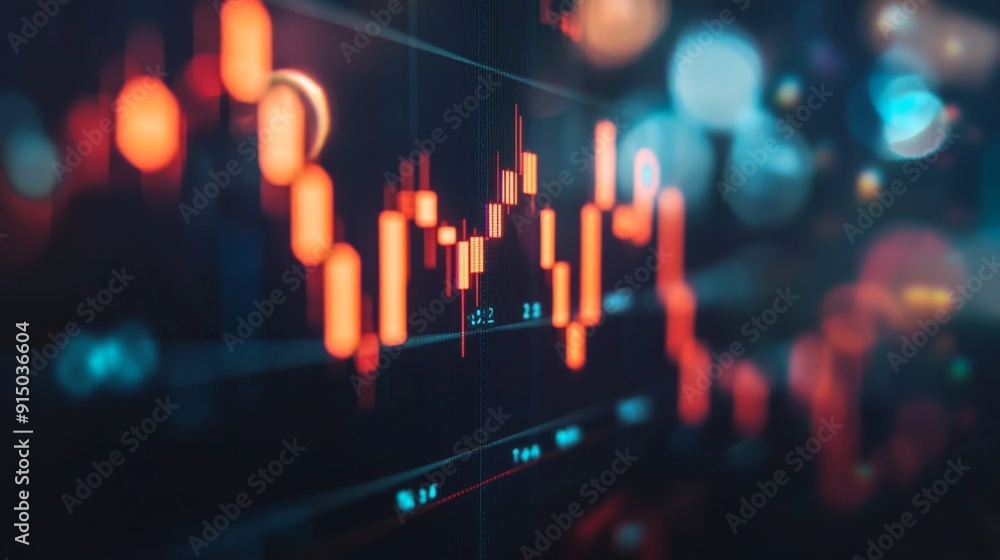 Fototapete A close-up of a stock chart with candlestick patterns and moving averages, showing detailed market analysis.