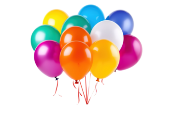 A Vibrant Collection of Colorful Balloons Floating Joyfully in Celebration Under Bright Sunshine on Transparent PNG Background..
