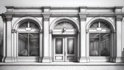 A detailed pencil drawing of a department store entrance.