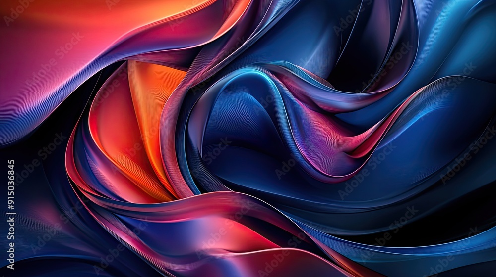 Poster dynamic 3d abstract shapes swirling in vibrant colors on a dark background, creating a mesmerizing v