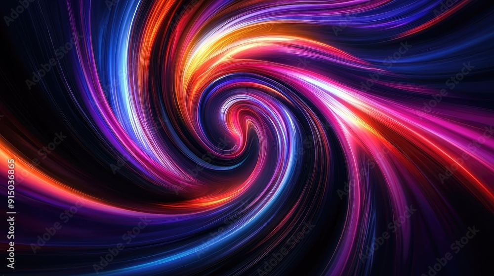 Poster dynamic 3d abstract shapes swirling in vibrant colors on a dark background, creating a mesmerizing v