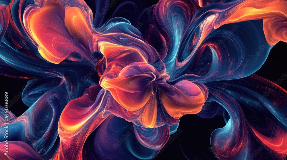 Poster dynamic 3d abstract shapes swirling in vibrant colors on a dark background, creating a mesmerizing v