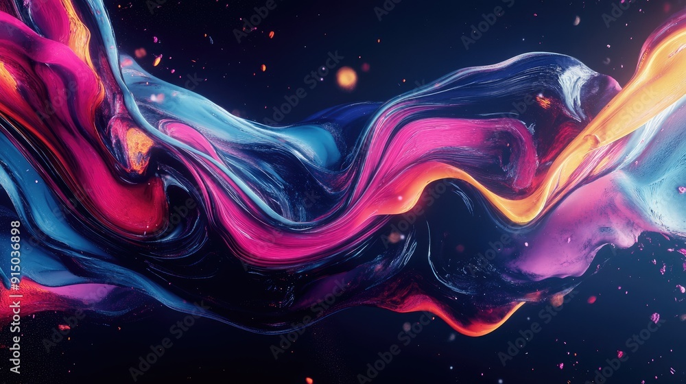 Poster dynamic 3d abstract shapes swirling in vibrant colors on a dark background, creating a mesmerizing v