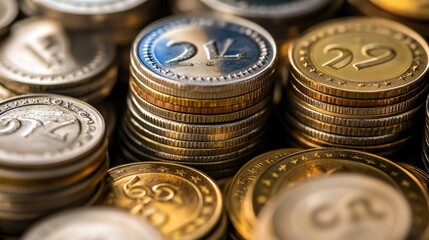 Different stacks of Euro coins arranged artistically, focusing on their shiny surfaces and intricate designs.
