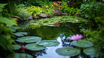 Fototapeta premium A serene pond surrounded by flowering plants and greenery, with reflections on the water 