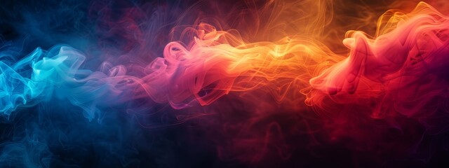 Fototapeta premium Vibrant smoke against black backdrop; red, yellow, blue, and pink clouds ascending from its peak