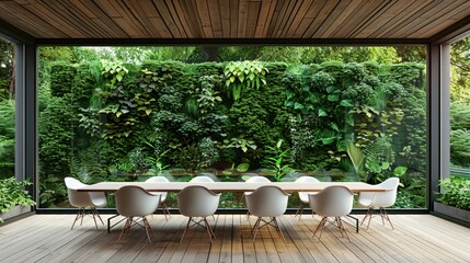 Fototapeta premium Modern conference room with a wooden ceiling, long table, and lush vertical garden wall. A perfect blend of nature and contemporary design.