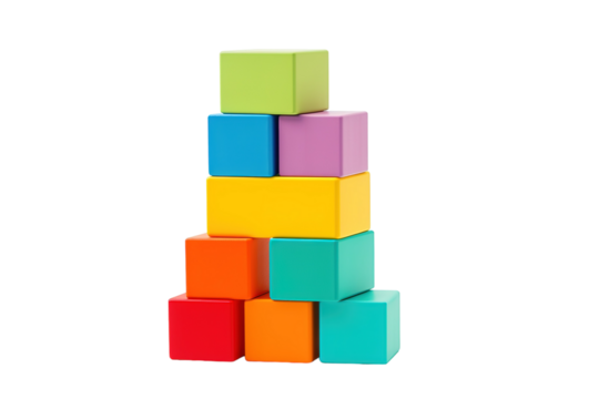 Colorful Stacked Blocks Create a Vibrant Structure for Creative Playtime in Brightly Lit Room on Transparent PNG Background..