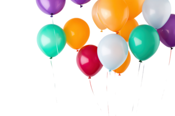 Colorful Balloons Floating Against a Bright White Background Capturing a Joyful Celebration Moment on Transparent PNG Background..