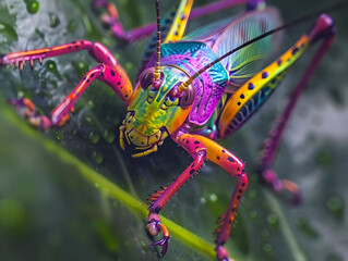 Fototapeta premium Colorful Grasshopper on Green Leaf - Macro Photography