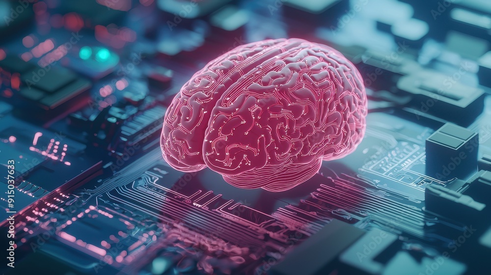 Poster a futuristic digital brain design on a circuit board, symbolizing advanced technology and artificial