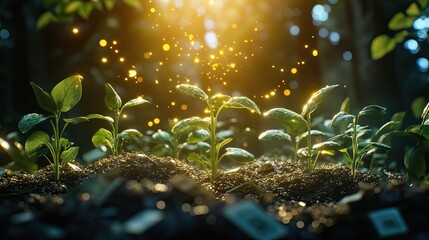 Flare light effects illuminating plants growing on money piles, representing financial development and eco-friendly growth.