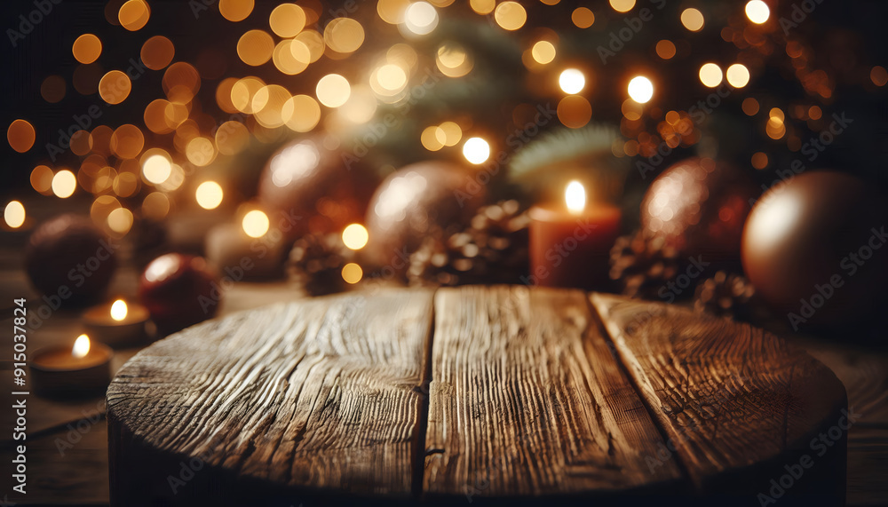 Poster close-up of the surface of an empty rustic wooden table with a beautiful bokeh light background. per