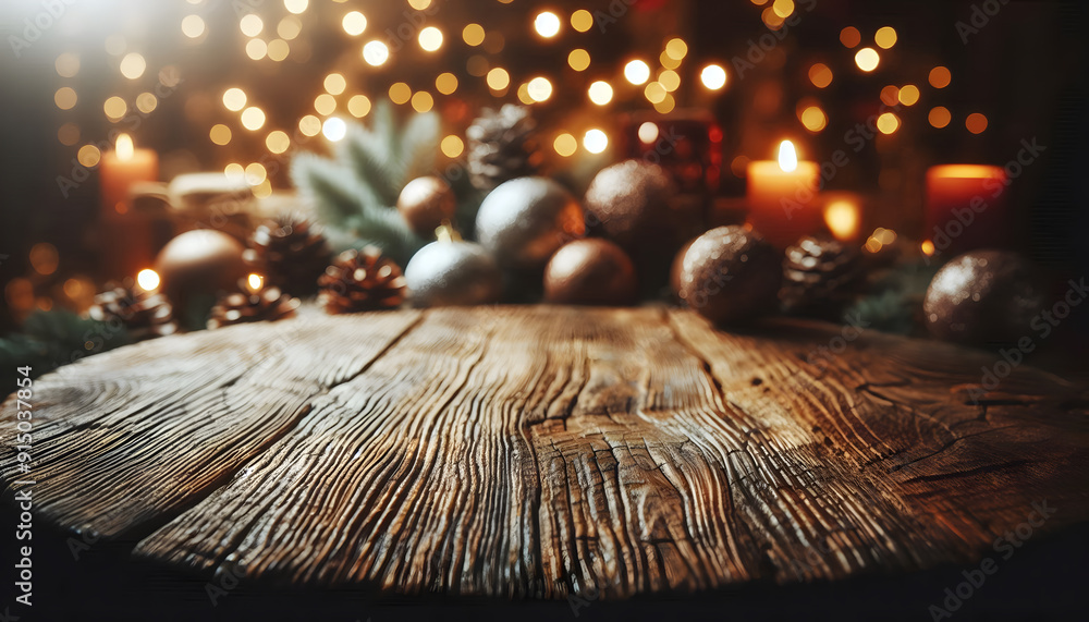 Poster close-up of the surface of an empty rustic wooden table with a beautiful bokeh light background. per