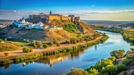 View of Castro Marim with medieval castle overlooking a river, Castro Marim, Algarve, Portugal, Europe, landscape