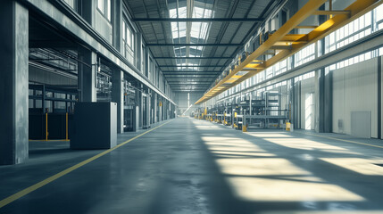 Obraz premium A large industrial building with a lot of space and a lot of machinery. The space is very open and bright, with a lot of sunlight coming in through the windows. Scene is one of productivity