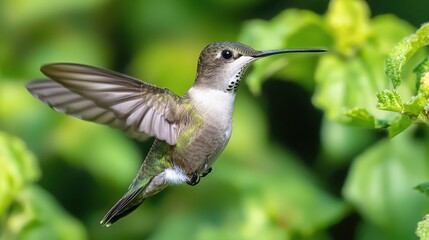 Obraz premium A vibrant hummingbird hovering gracefully in a lush green garden, showcasing exquisite colors and intricate wing movements.