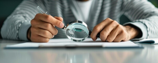 Close-up shot of a man using a magnifying glass to closely inspect documents on a table, highlighting careful examination.