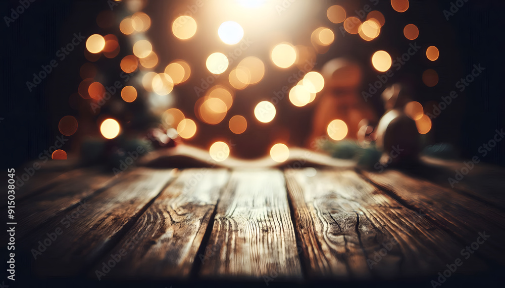 Poster close-up of the surface of an empty rustic wooden table with a beautiful bokeh light background. per