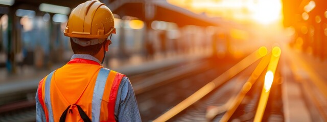  A man in an orange safety vest and hard hat positions himself on a train track against a sunset backdrop
