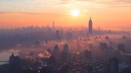 City skyline with morning haze, Monday morning