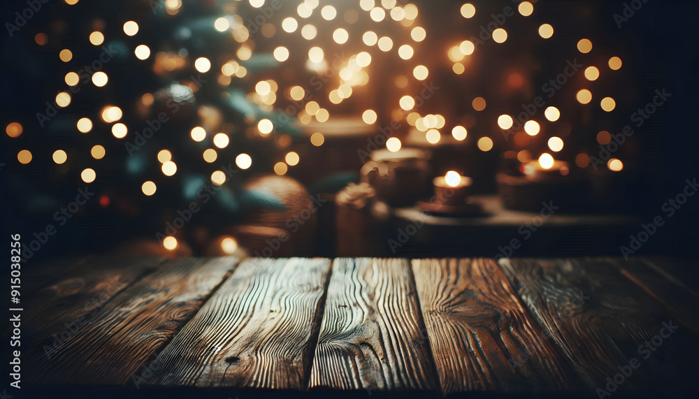 Poster close-up of the surface of an empty rustic wooden table with a beautiful bokeh light background. per