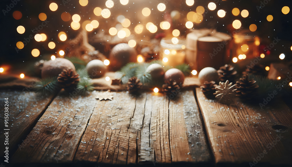 Poster close-up of the surface of an empty rustic wooden table with a beautiful bokeh light background. per