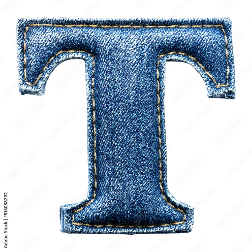 Wall mural Blue denim letter 'T' patch with stitching details, perfect for fashion, DIY projects, or creative designs.