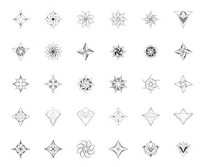Y2k star shapes outline vector icon set. Abstract geometric stars icons in trendy retro 2000s style. Space cosmos galaxy concept