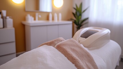 Relaxing spa treatment room with massage table and calming decor during daylight hours