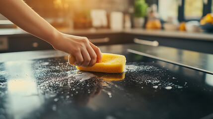 Close-up of a hand wiping a kitchen countertop with a yellow sponge and soapy water, emphasizing cleanliness, household chores, and kitchen hygiene.