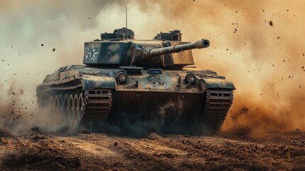 Fototapeta premium Intense WWII Battle Scene: Tank in Motion Amidst Dust and Debris