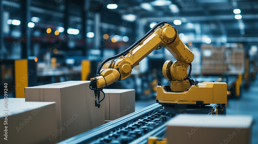 Poster a robot is standing in a warehouse with boxes around it. the robot is yellow and has a long arm. the