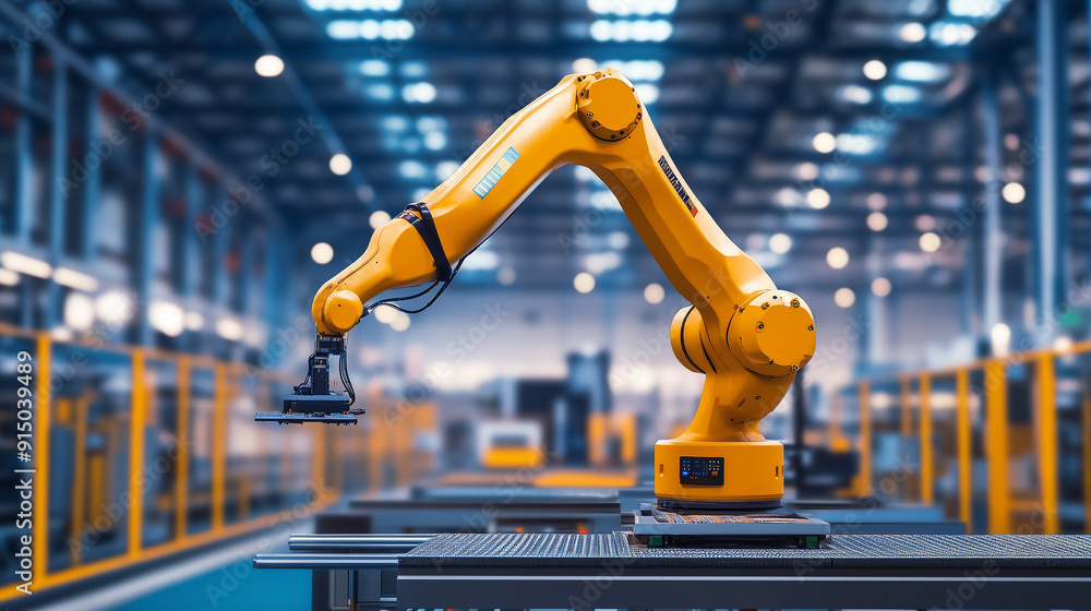 Aufkleber a robot is standing in a warehouse with boxes around it. the robot is yellow and has a long arm. the
