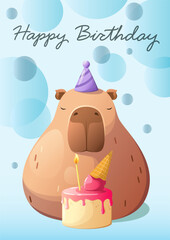 A cute capybara in a hat with a birthday cake and a candle. Happy Birthday. A cartoon-style greeting card.
