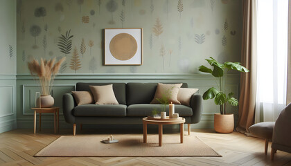 Harmonious elegance: dark olive sofa on mint wallpaper"