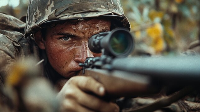 Strategic WWII Sniper Taking Aim with Long-Range Rifle at Enemy Target Area