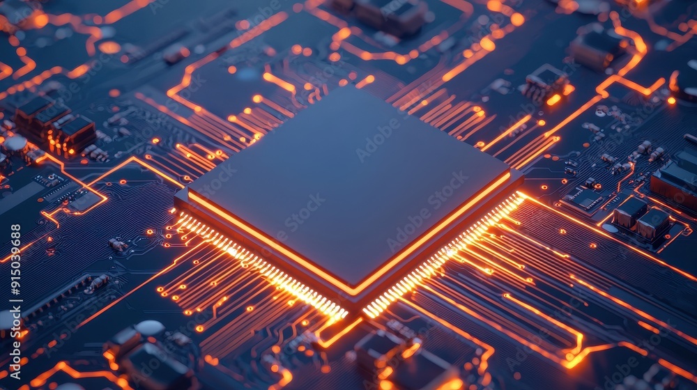 Poster close-up of a circuit board with glowing components, showcasing modern technology and intricate elec