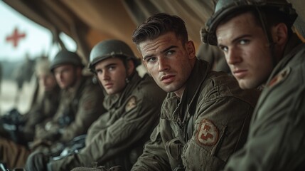 Fototapeta premium Close-up View of WWII Field Hospital with Caring Soldiers and Medical Equipment