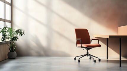 Contemporary Office Interior Featuring Single Chair And Desk In Soft Sunlight Symbolizing Recruitment Process Open Position And Professional Growth