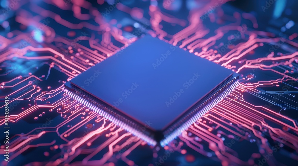 Poster close-up of a modern computer chip surrounded by glowing circuit patterns, showcasing technology and