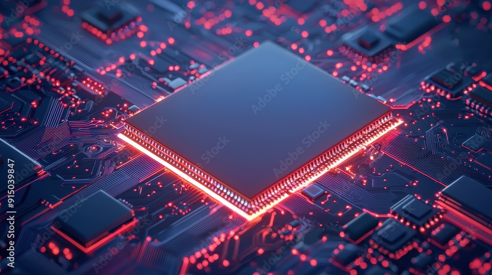 Poster close-up of a modern microprocessor on a circuit board with glowing red lights, showcasing advanced 