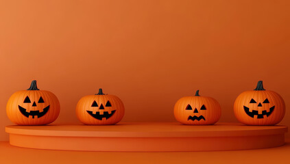 3d render podium scene with orange empty platform, pumpkins in halloween background