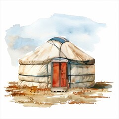 Watercolor painting of a Mongolian yurt on the vast steppe, on isolated white background