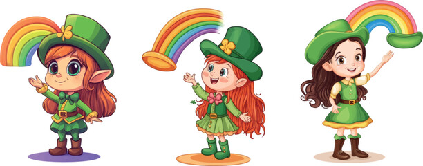 Obraz premium This cartoon shows a girl Leprechaun with a magic rainbow hat